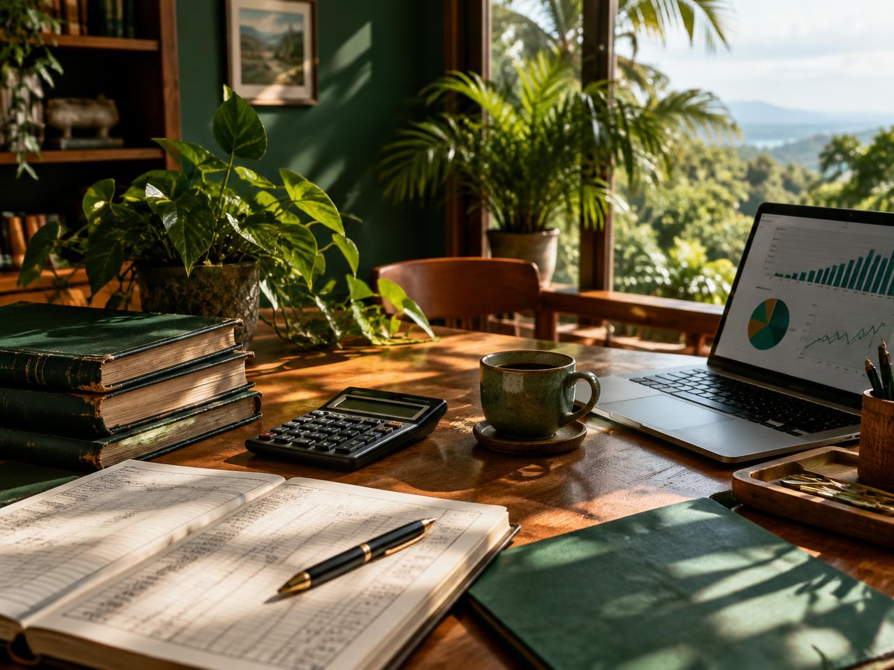 Escritorio de contador con libros, calculadora y plantas